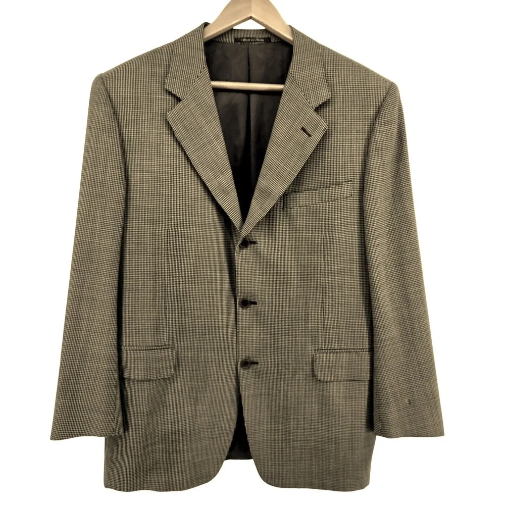 Canali Blazer Jacket Sport Coat Houndstooth Black Gold Wool Made in Italy‎ 54
